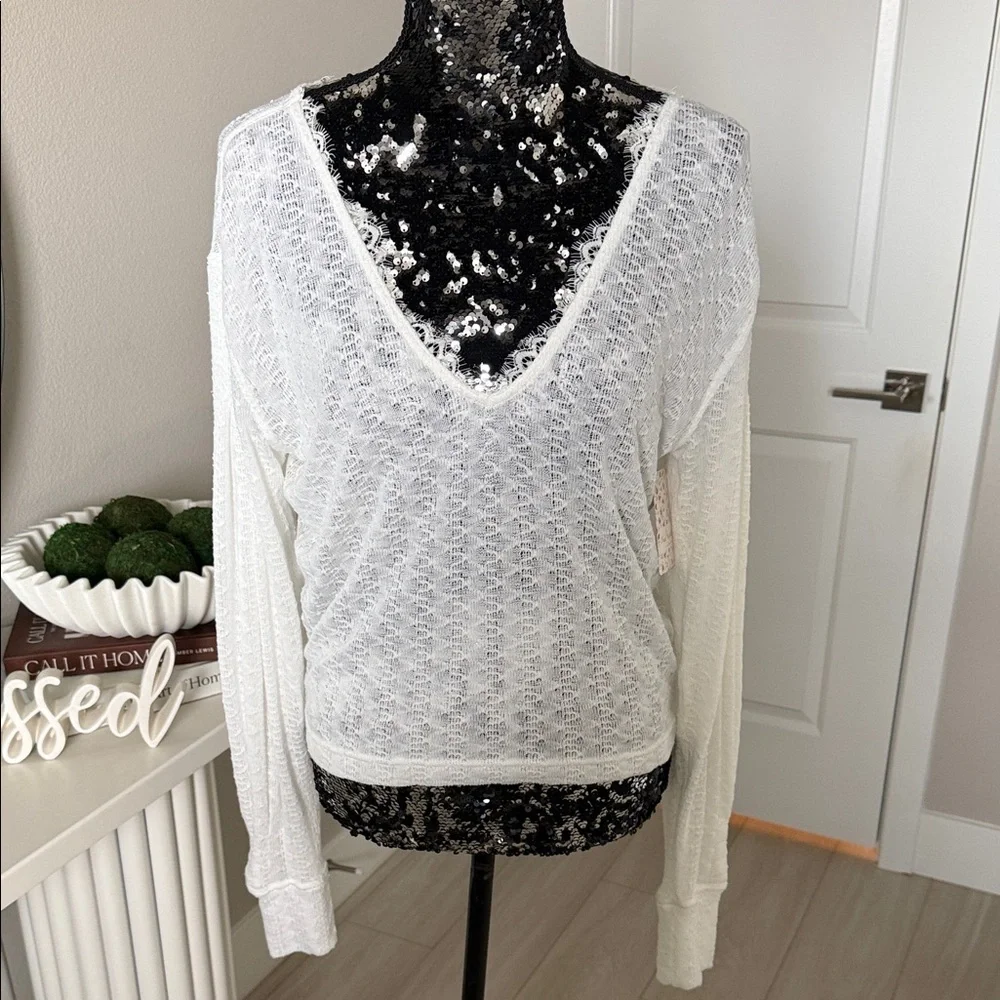 Free People White Lace V-Neck Top